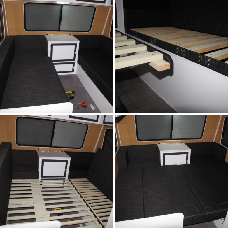 There was originally 2 single beds at the front so I built them back in with an option to change to an eastwest double if required. The middle cupboard has a hinged top so can still be accessed when the bed is across. I did all the upholstery too.