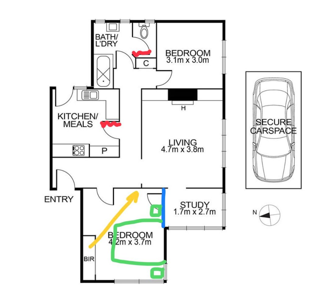 The most basic of ideas I have without removing walls. I have a few ideas for the kitchen and bathroom sketched out somewhere.