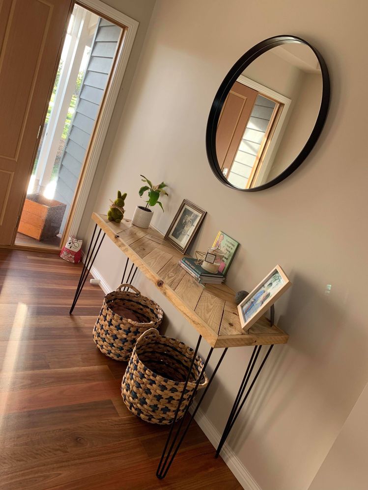 Herringbone Pallet Console Table. Made from recycled pallets, finished off with steel hairpin legs Purchased from Bunnings