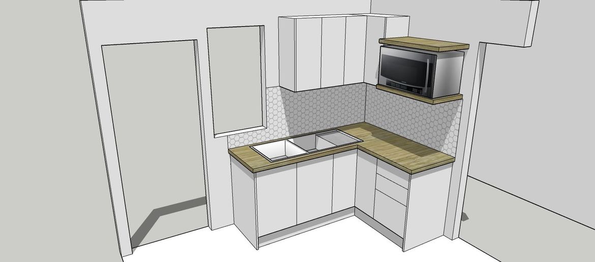 Sink side with cabinets.