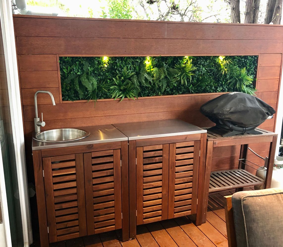 Outdoor kitchen with Merbau feature wall   Bunnings Workshop community