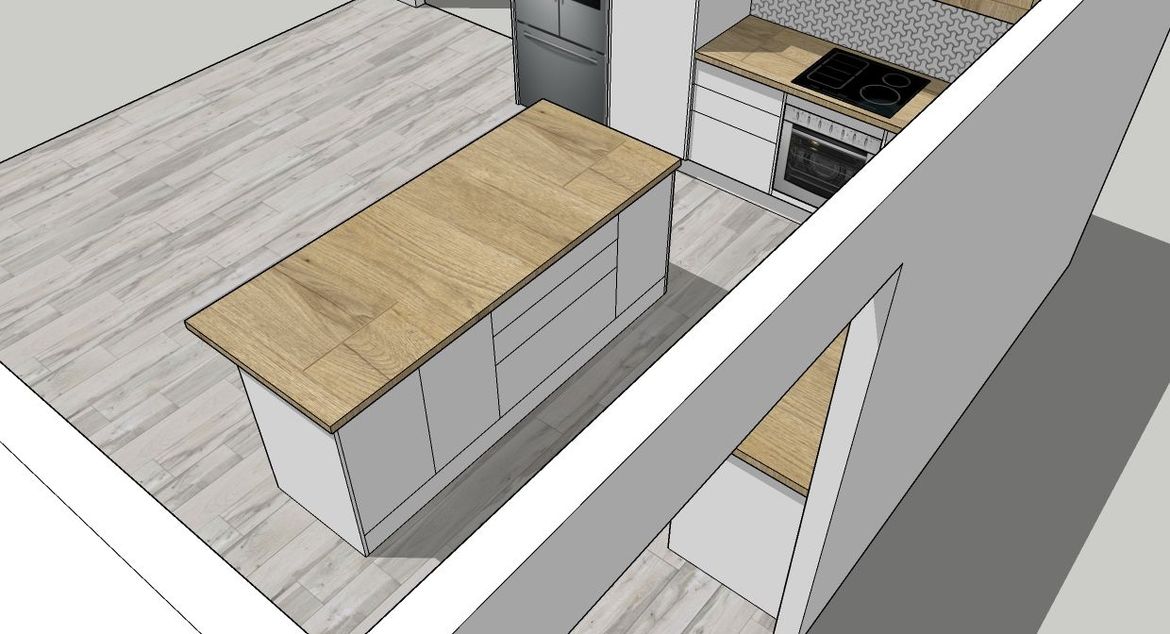 From the right 450 base cabinet for the bin ( people always forget the bin ), 900 3 drawer for more pots and pans, a standard 800 base cabinet at the end to hide the kitchen aid sandwich press and that thing that Heston Blumenthal uses to vacum meat.