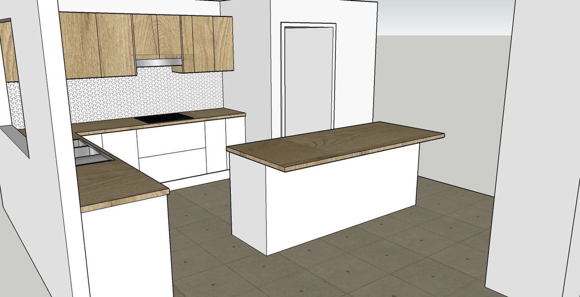 Yes that island is appoximately 2.2 meters long and will fit the room! It will work with or without the dividing wall to your living room.