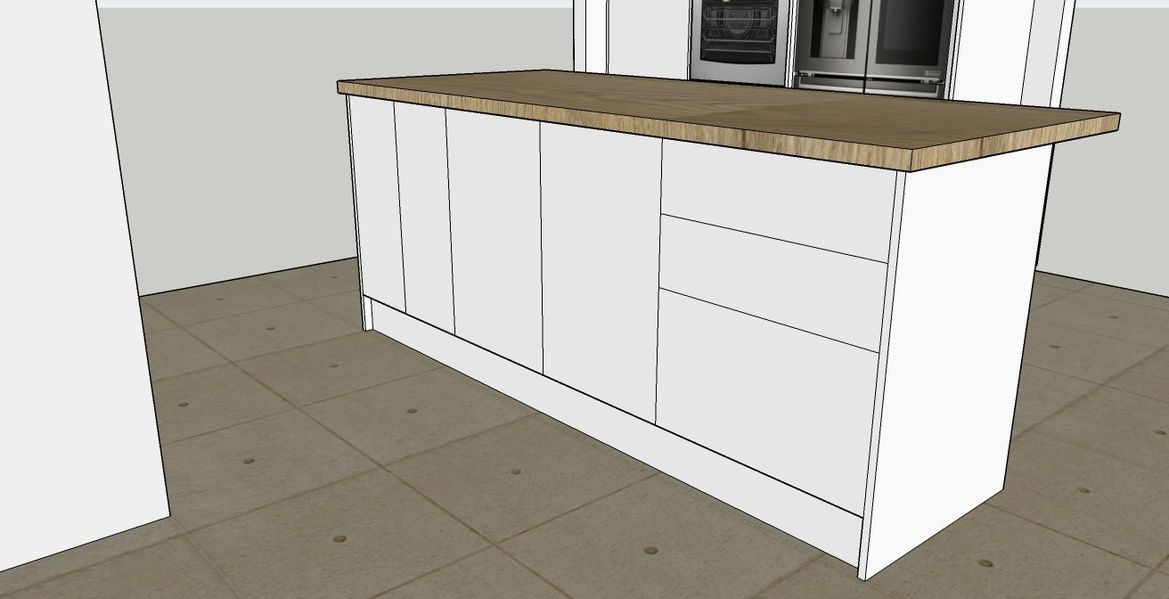 18mm finishing panel, 600mm base cabinet, 900mm base cabinet, 600mm 3 drawer base cabinet, 18mm finishing panel.