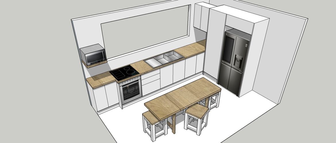 Distances are approximate but this dinner table will fit the space.