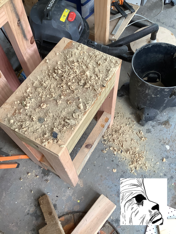 The great thing about having a woodwork shop is when you have a three year old who gets involved in what he's doing rather than listening to his body, you've got a readily stocked spill kit