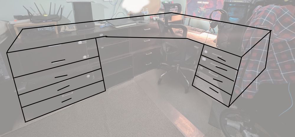 Planned desk, drawers on both sides, desktop joined at the centre/corner with dowel, glue and epoxy.