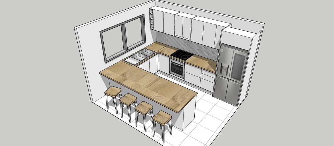 Standard extension in "U" shape, but move to the sink to the window to open up the breakfast bar area.