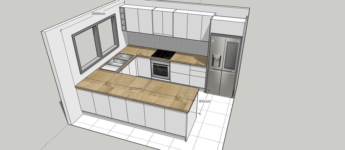 This version with cabinets placed in front of the breakfast bar for full space use.