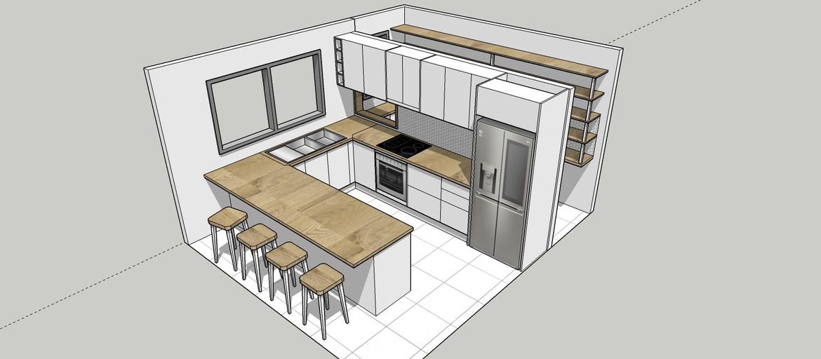 Move the entire kitchen 1100 mm forward to create a walk in pantry at the back of your kitchen and a servery window through the dividing wall.