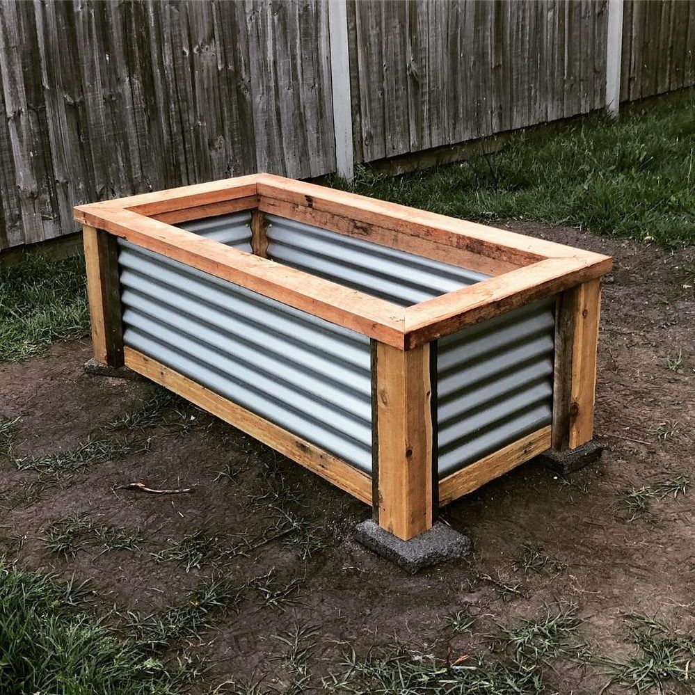 Raised garden bed using Cypress and corrugated iron