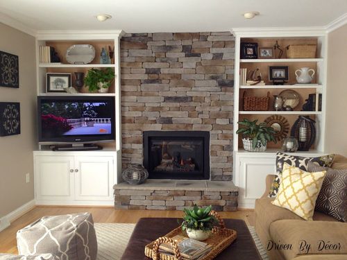 Cladding Fireplace With Stack Stone, Fireplace With Built In Shelves On Both Sides