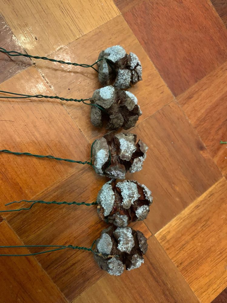 Thin wire is used, and wrapped around the bits of the cone. To get the white snow effect, white glue that bunnings sell, with salt on the top.