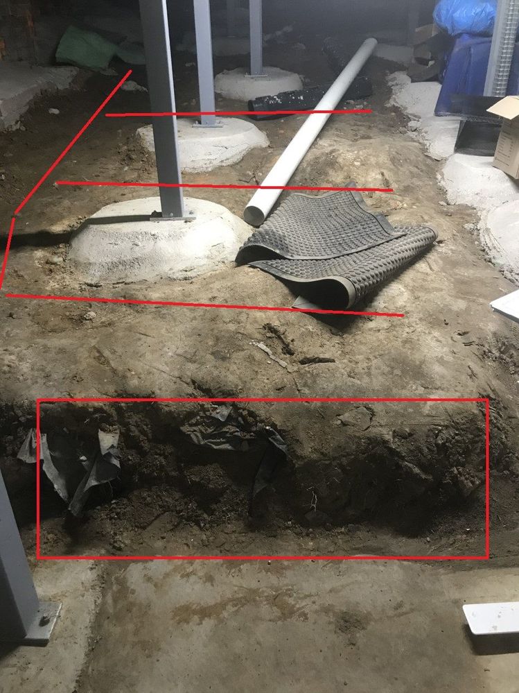 Planned french drains above, rectangle shows where water seeps down / rises up onto the slab.
