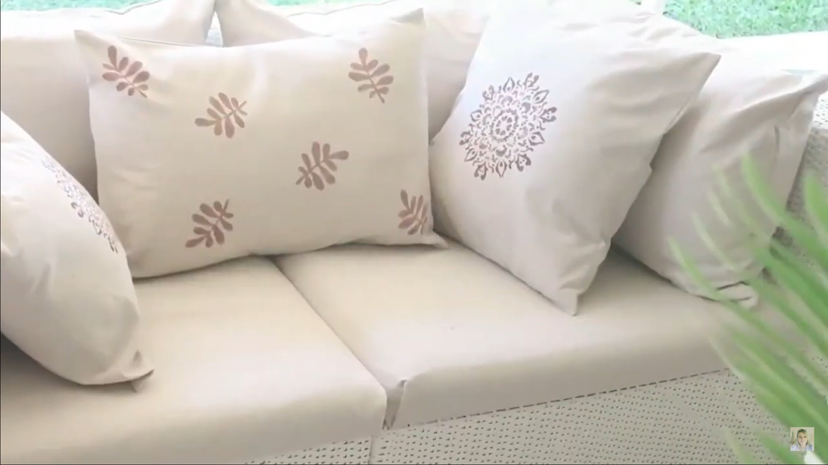 I made cushion covers from Bunnings drop sheet canvas fabric and added stencil patterns with fabric paint.
