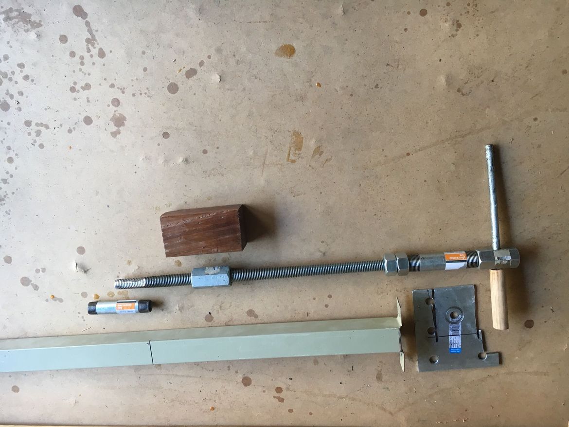 Vise hardware. Had to buy the threaded rod and connectors / nuts. The rest is junk though. No weld by necessity - it will be housed / run through hardwood set in the square tube.