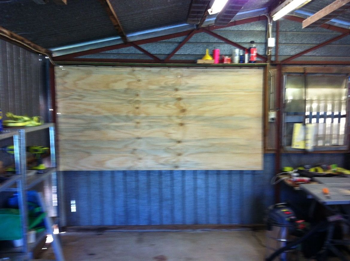 Plywood tool wall in place
