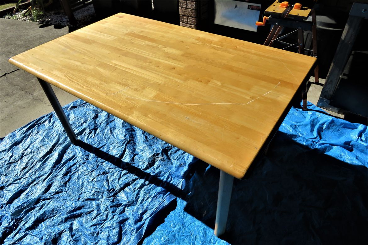 Rubberwood table top before resurfacing