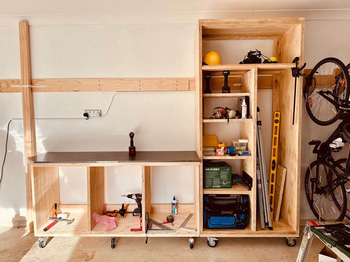 workbench and cabinet side by side