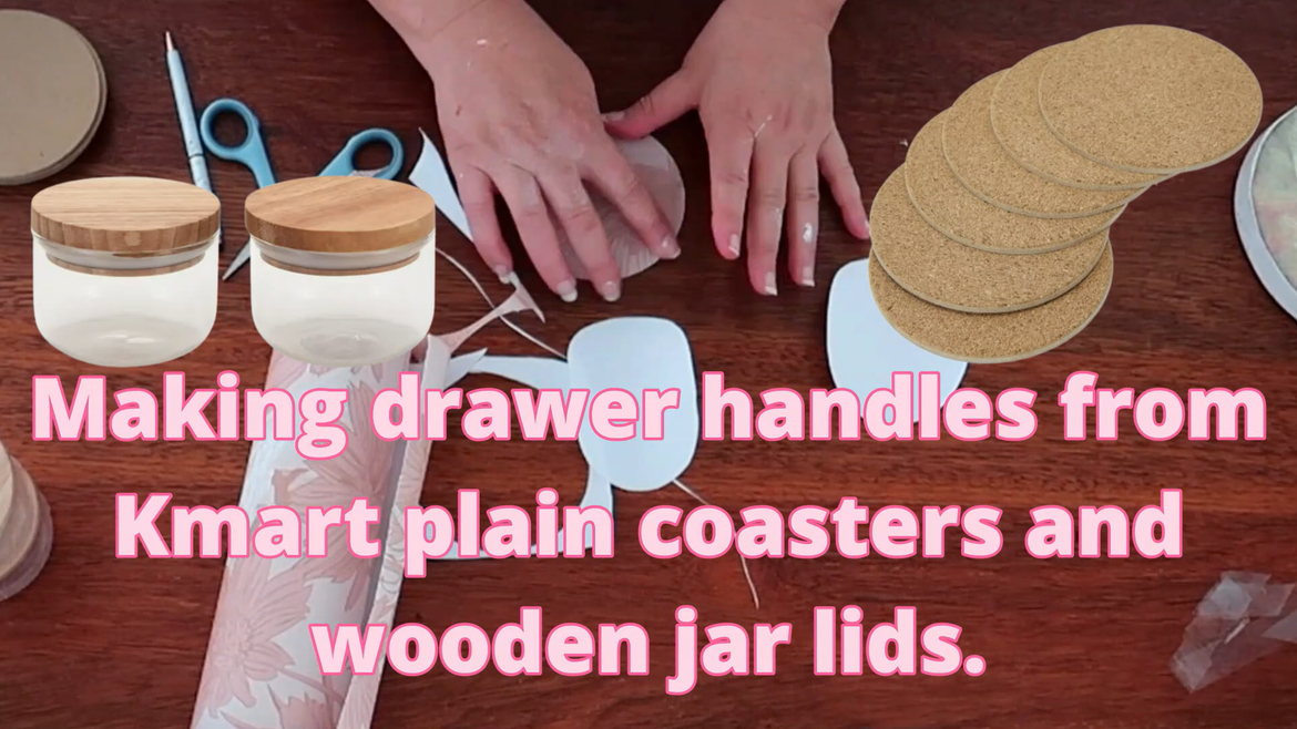 I used wooden jar lids as handles and covered plain placemats with pretty wallpaper to adorn the drawers.