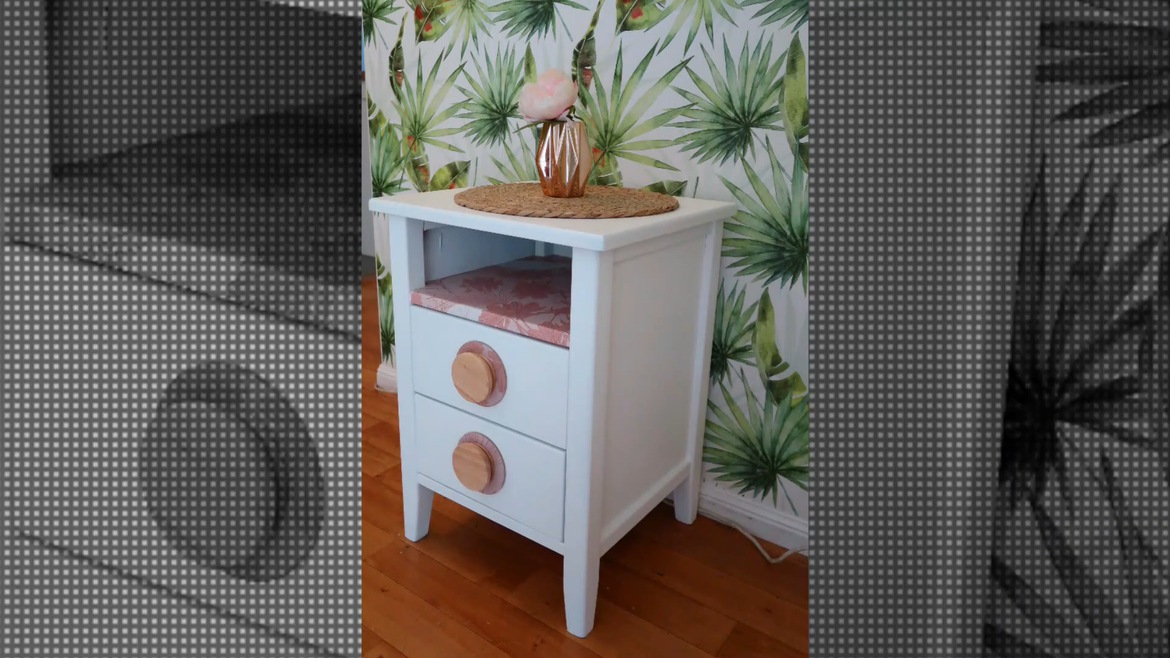 The little bedside table after a spray paint and decorative touches.