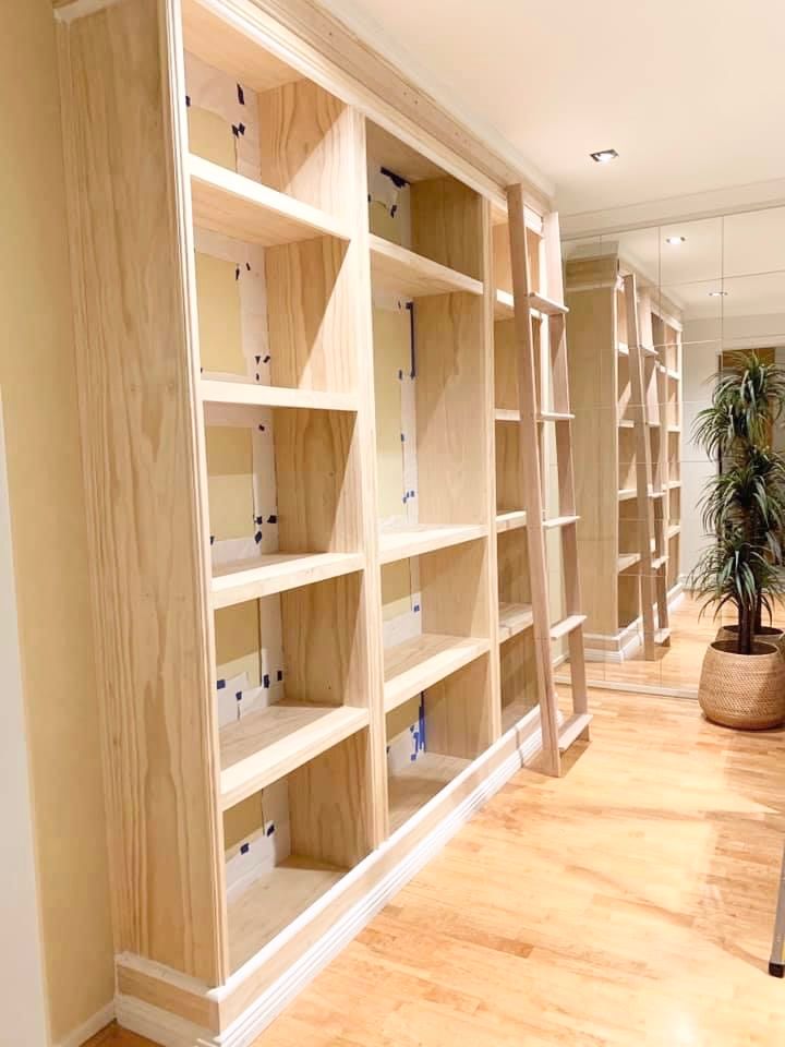 Inbuilt wall shelves with ladder Bunnings community