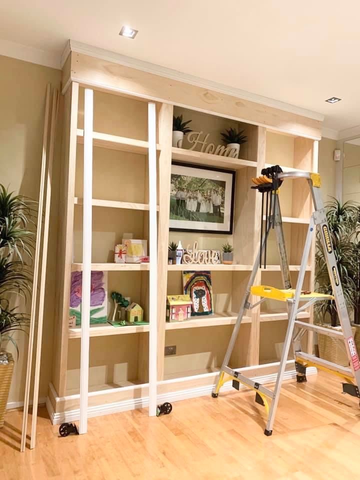 Inbuilt wall shelves with ladder Bunnings community