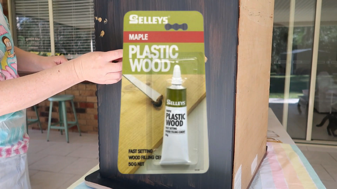 And that reason was, the original timber filler I used to fill up the marks and dents seemed to come out after I had put on the first coat of paint. I decided to go back to Bunnings and get some stronger wood filler. I thought Selleys Plastic Cement sounded strong so I refilled ALL of the dents and proceeded to resand.