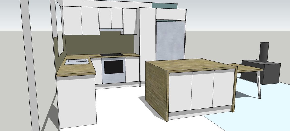 The suggested gap between your benchtop and the island is 1.2 meters both at the side and back.