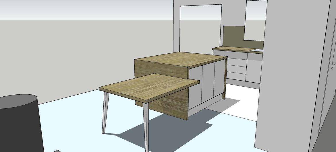 I would recommend stools with no back rest instead of chairs so that they hide under the table and not be in the way as you work in the kitchen.