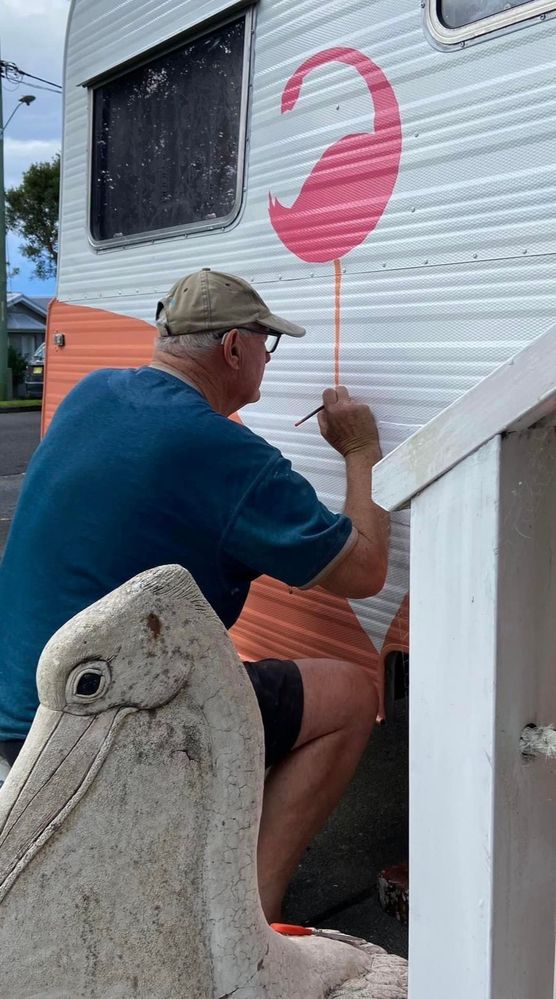 Getting close to the finishing line. Hubby painted flamazing flamingos on the exterior. All external & internal paint was purchased from Bunnings. Hubby created an internal drop down door, from the loo cupboard ( the cupboard that keeps on keeping lol ) We are absolutely stoked with our progress. Couldn’t wait to go away in her.