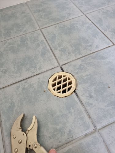 Shower drain, note the holes around the edge. May have been grouted at one point but perhaps the grout has fallen away?