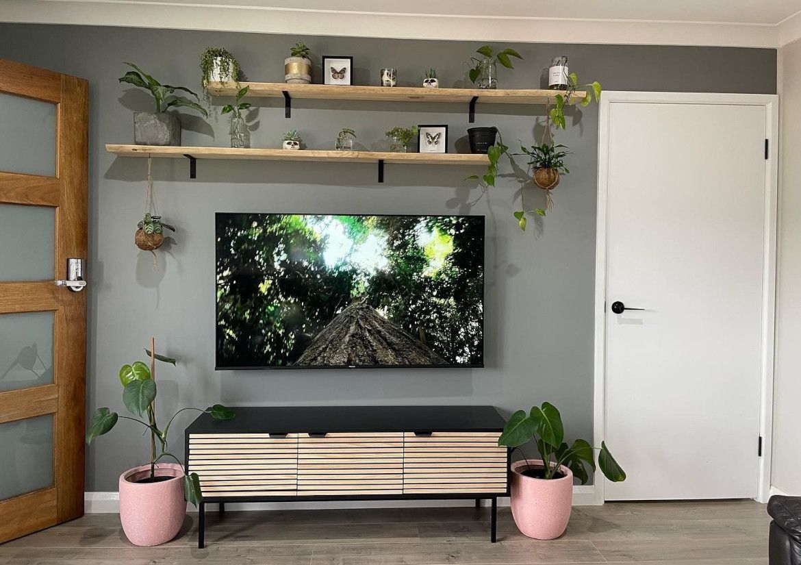 Living room feature wall with shelving Bunnings community