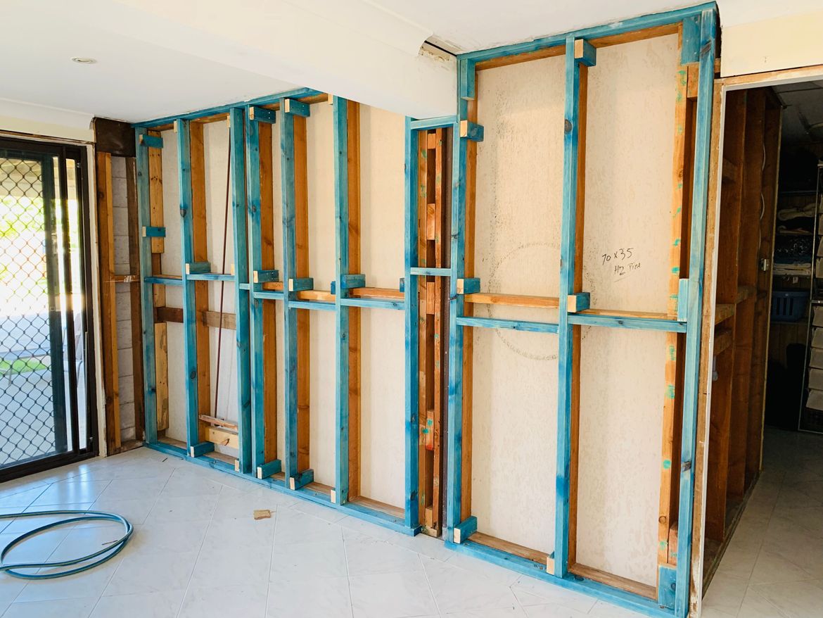 False wall frame build and installed. Next is to remove the door and frame up for a new window.