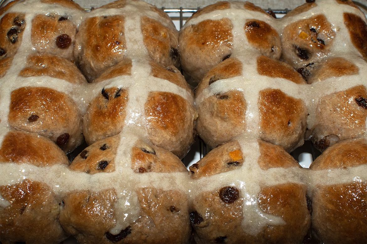 One a penny, two a penny, hot cross buns. Fresh out the oven.