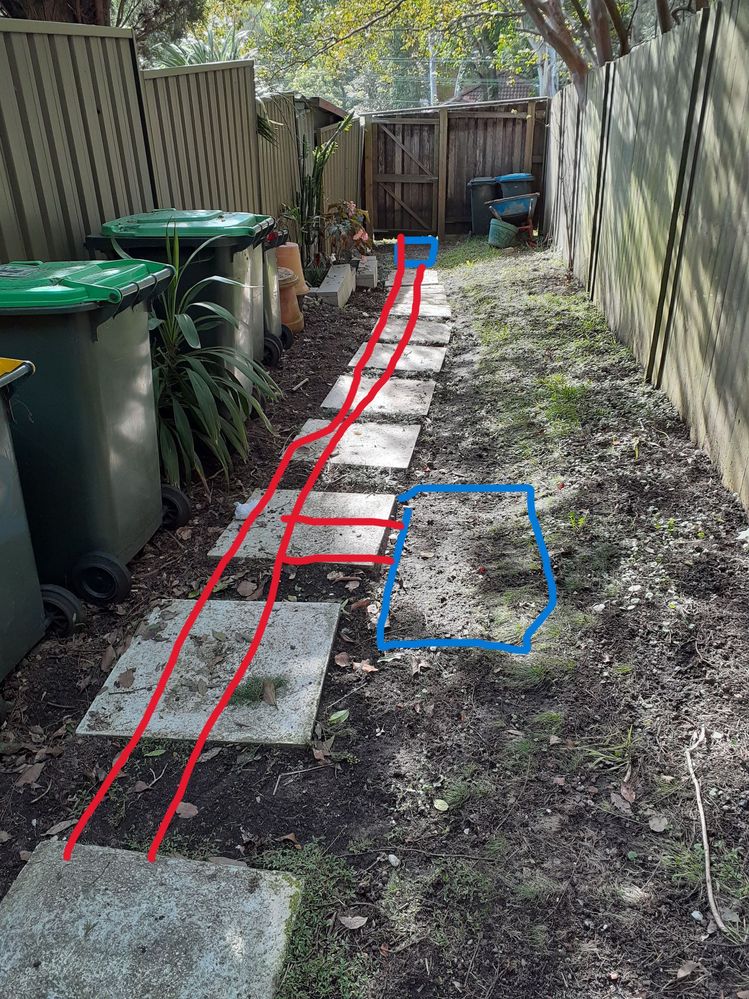 Further down the lane showing middle pit and end pit to collect water runoff - not sure if bottom pit will be necessary - red line showing water discharge pipe