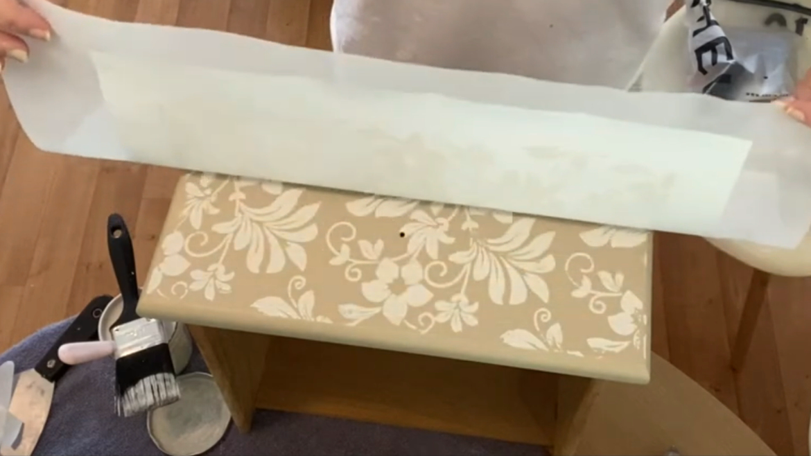 I stenciled all three drawer fronts and the drawer sides so that when they are opened they would look pretty. It was just an excuse to keep stenciling really:)